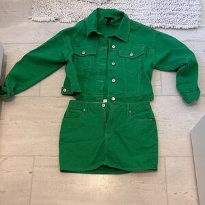 Green Denim Jacket and Skirt Set